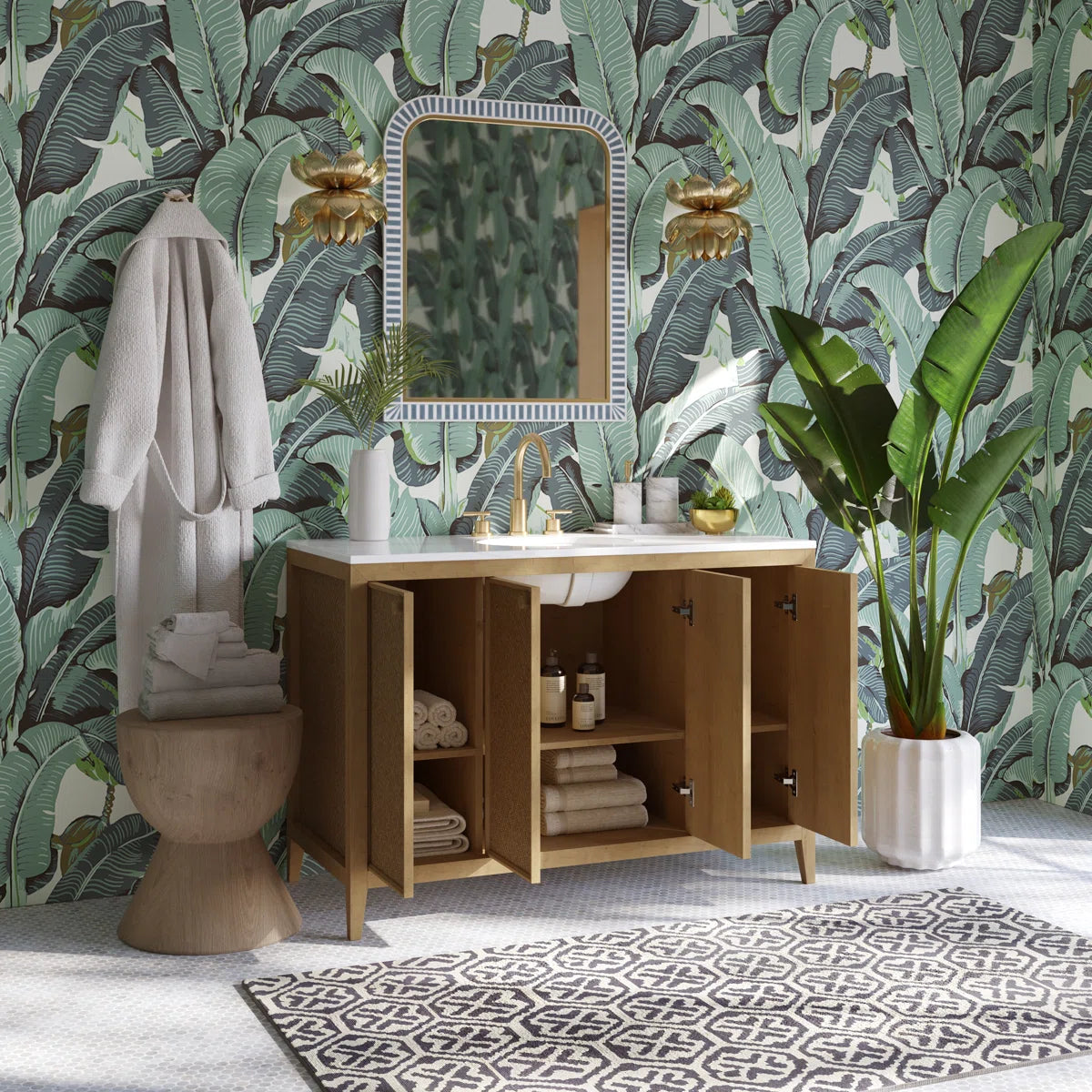 Benita 48" Single Sink Bathroom Vanity in Rattan and Oak | Cultured Marble Countertop