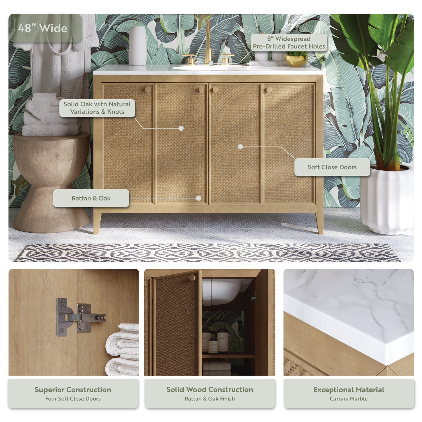 Benita 48" Single Sink Bathroom Vanity in Rattan and Oak | Cultured Marble Countertop