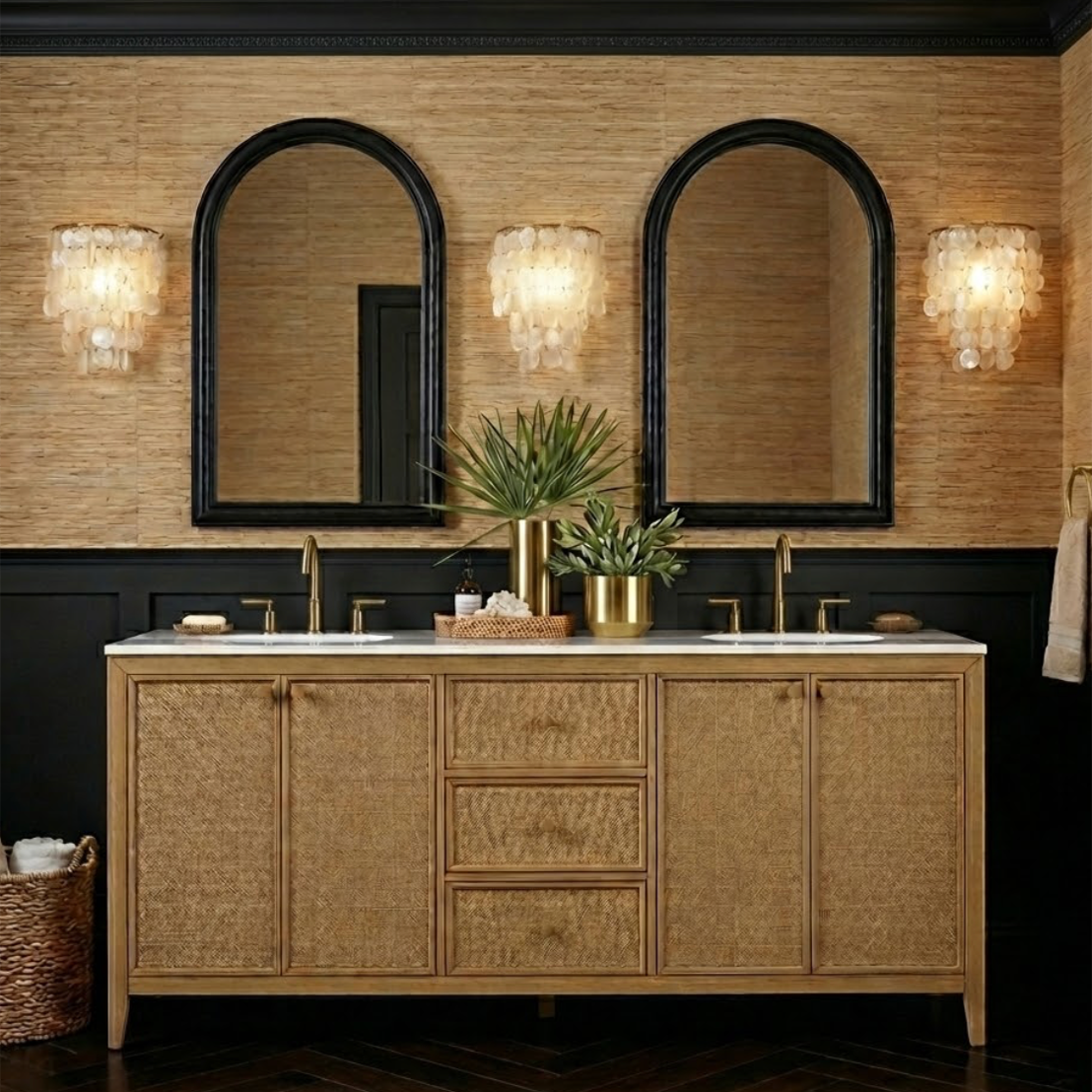 Benita 72" Double Sink Bathroom Vanity in Rattan and Oak | Cultured Marble Countertop
