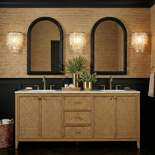 Benita 72" Double Sink Bathroom Vanity in Rattan and Oak | Cultured Marble Countertop