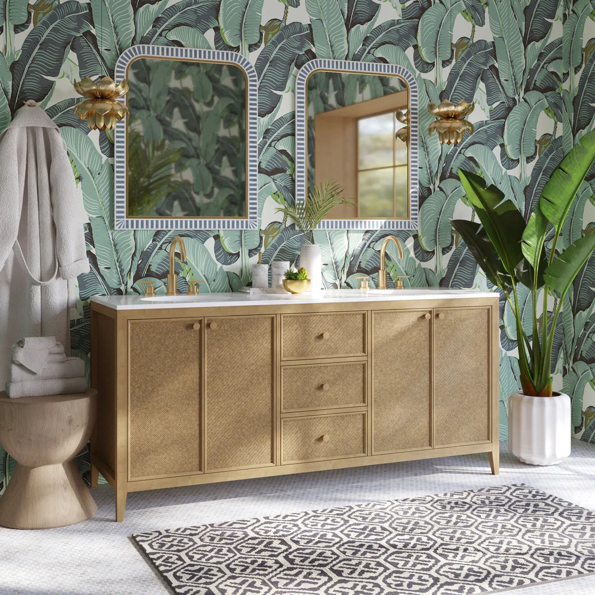 Benita 72" Double Sink Bathroom Vanity in Rattan and Oak | Cultured Marble Countertop