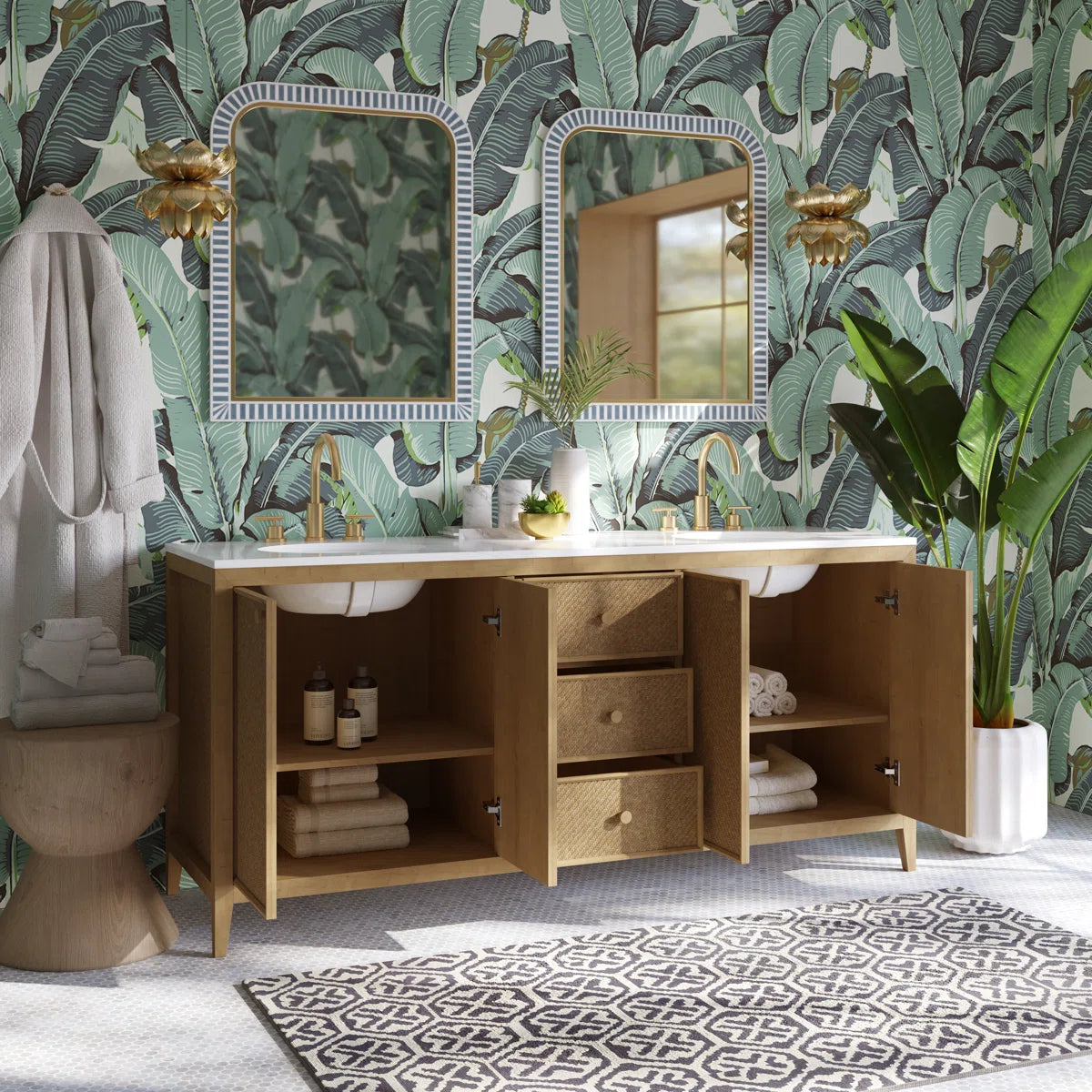 Benita 72" Double Sink Bathroom Vanity in Rattan and Oak | Cultured Marble Countertop