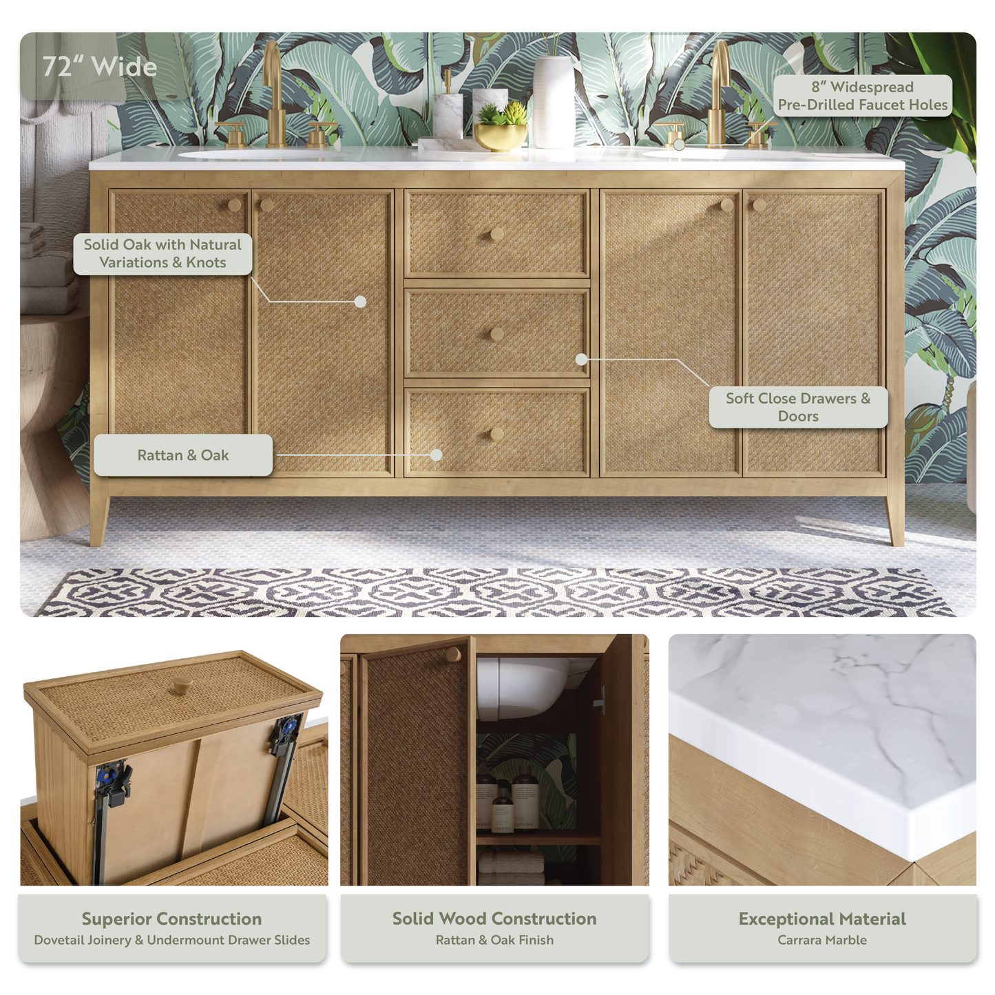 Benita 72" Double Sink Bathroom Vanity in Rattan and Oak | Cultured Marble Countertop