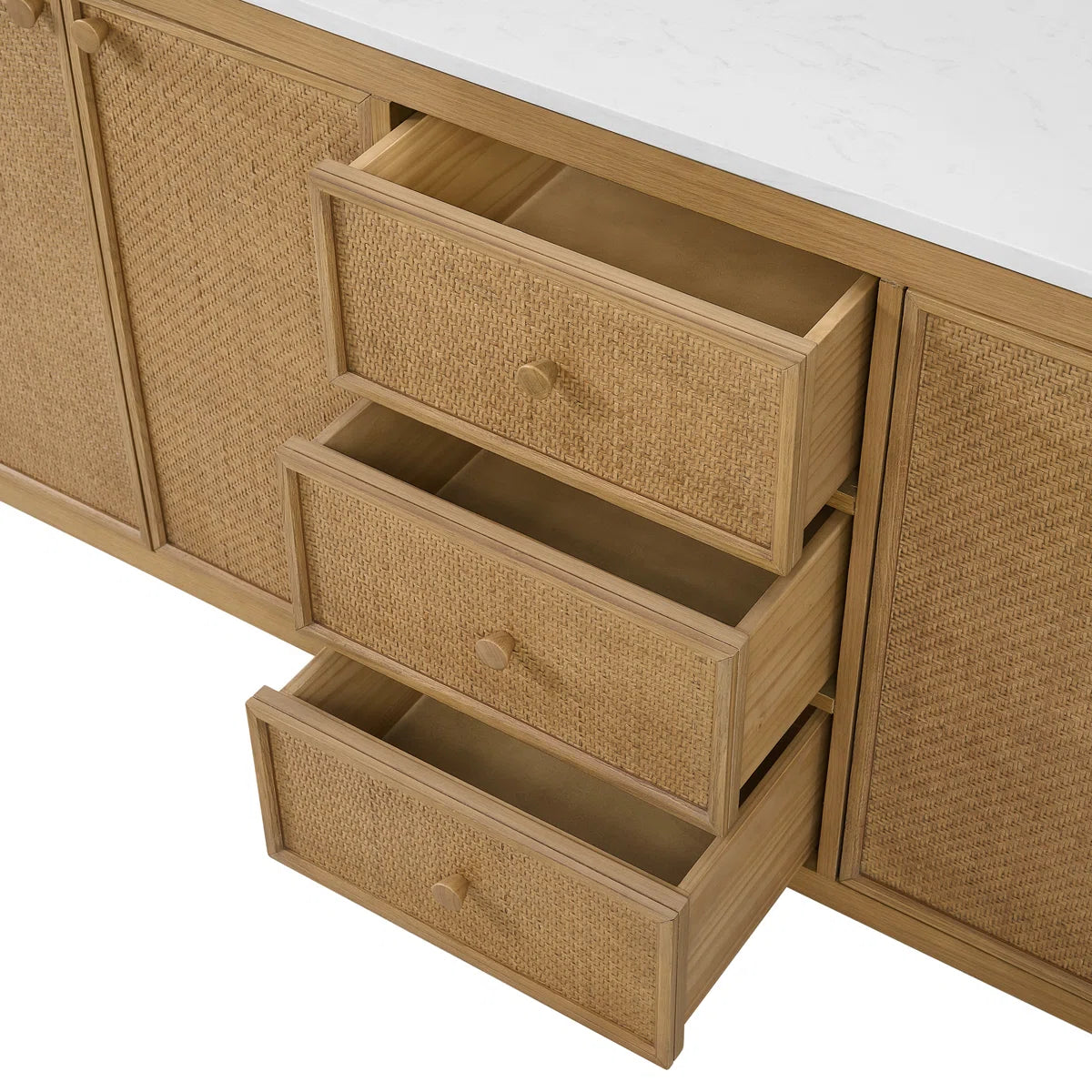 Benita 72" Double Sink Bathroom Vanity in Rattan and Oak | Cultured Marble Countertop