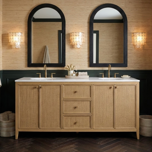 Benita 72" Double Sink Bathroom Vanity in Rattan and Oak | Cultured Marble Countertop