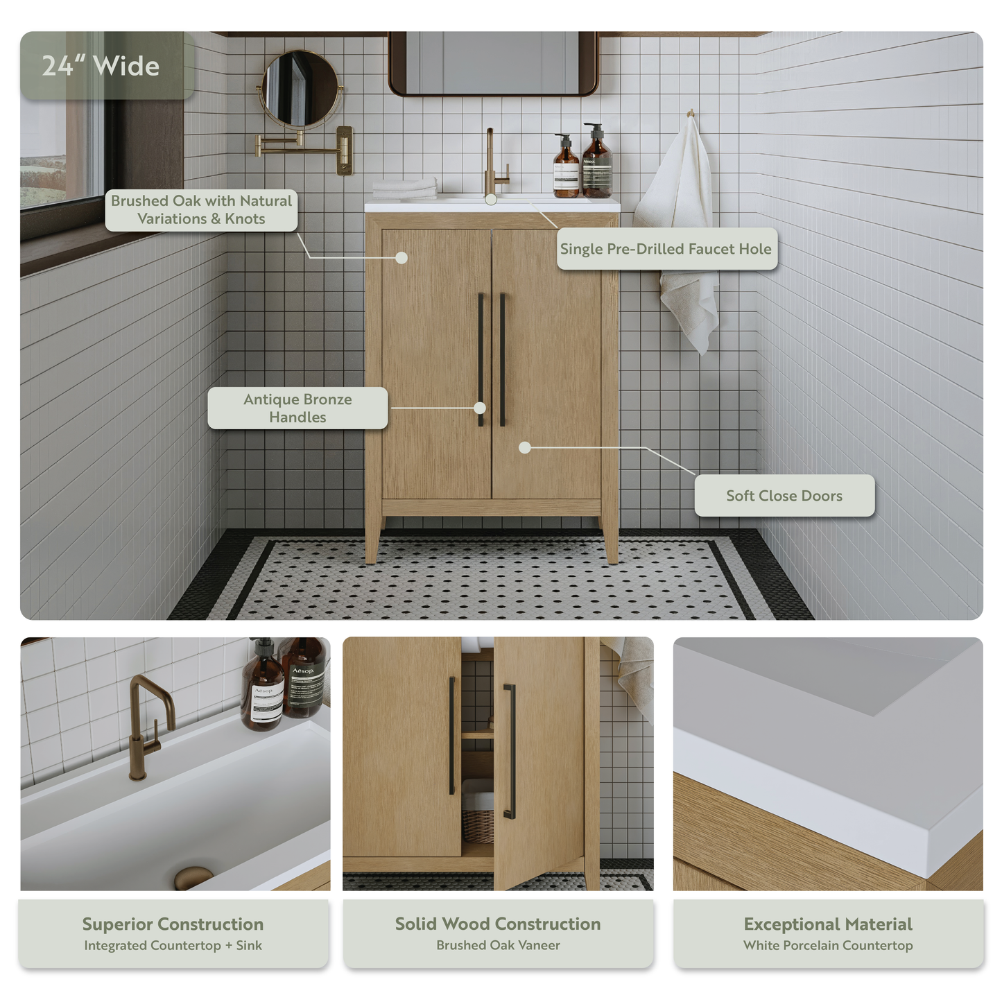 Bergen 24" Single Bathroom Vanity | White Porcelain Countertop