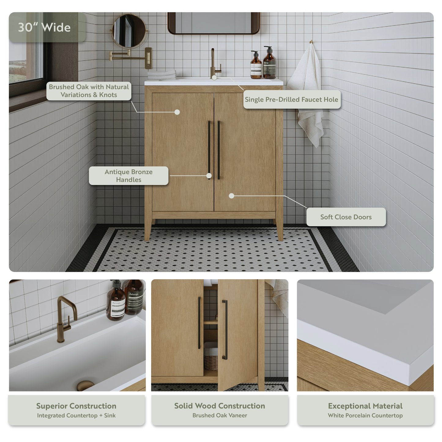 Bergen 30" Single Bathroom Vanity | White Porcelain Countertop