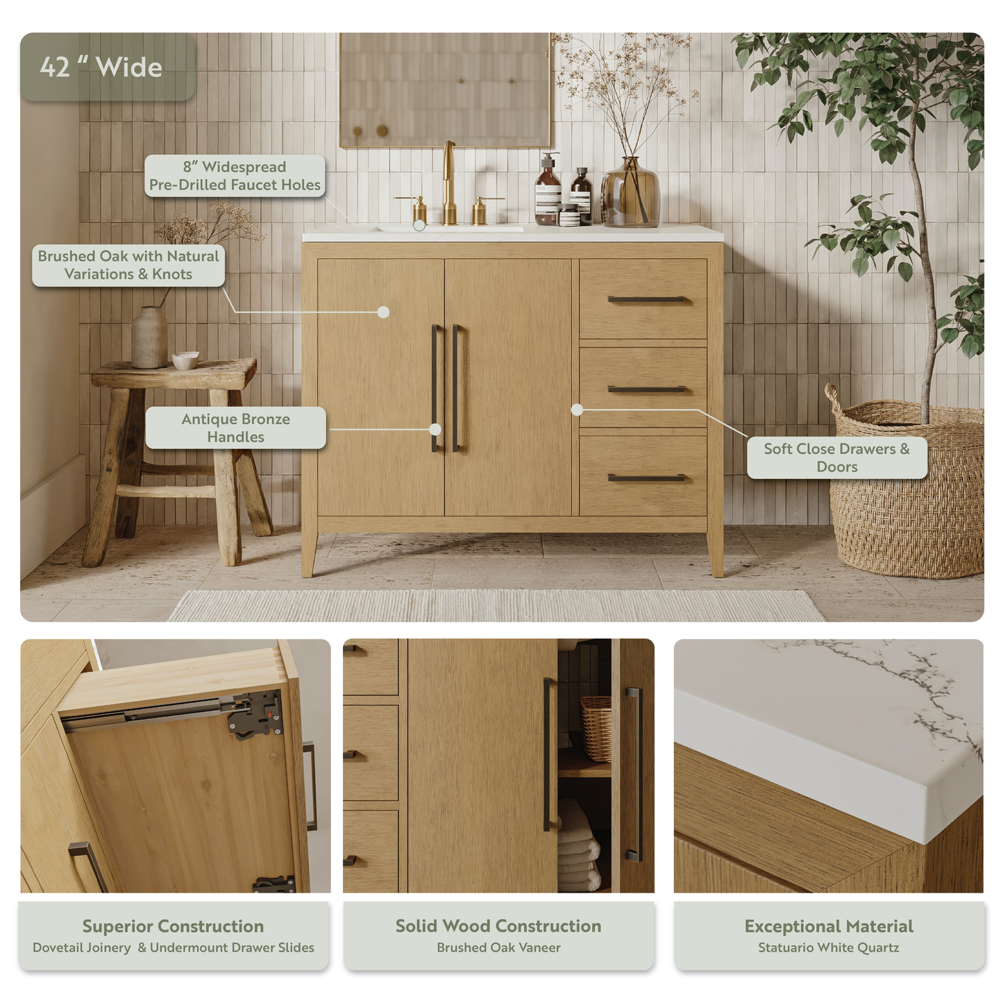 Bergen 42" Single Bathroom Vanity in Wire Brushed Oak | White Statuario Quartz Countertop