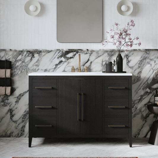 Bergen 48" Single Bathroom Vanity in Dark Weathered Oak | Calacatta Gold Quartz Countertop