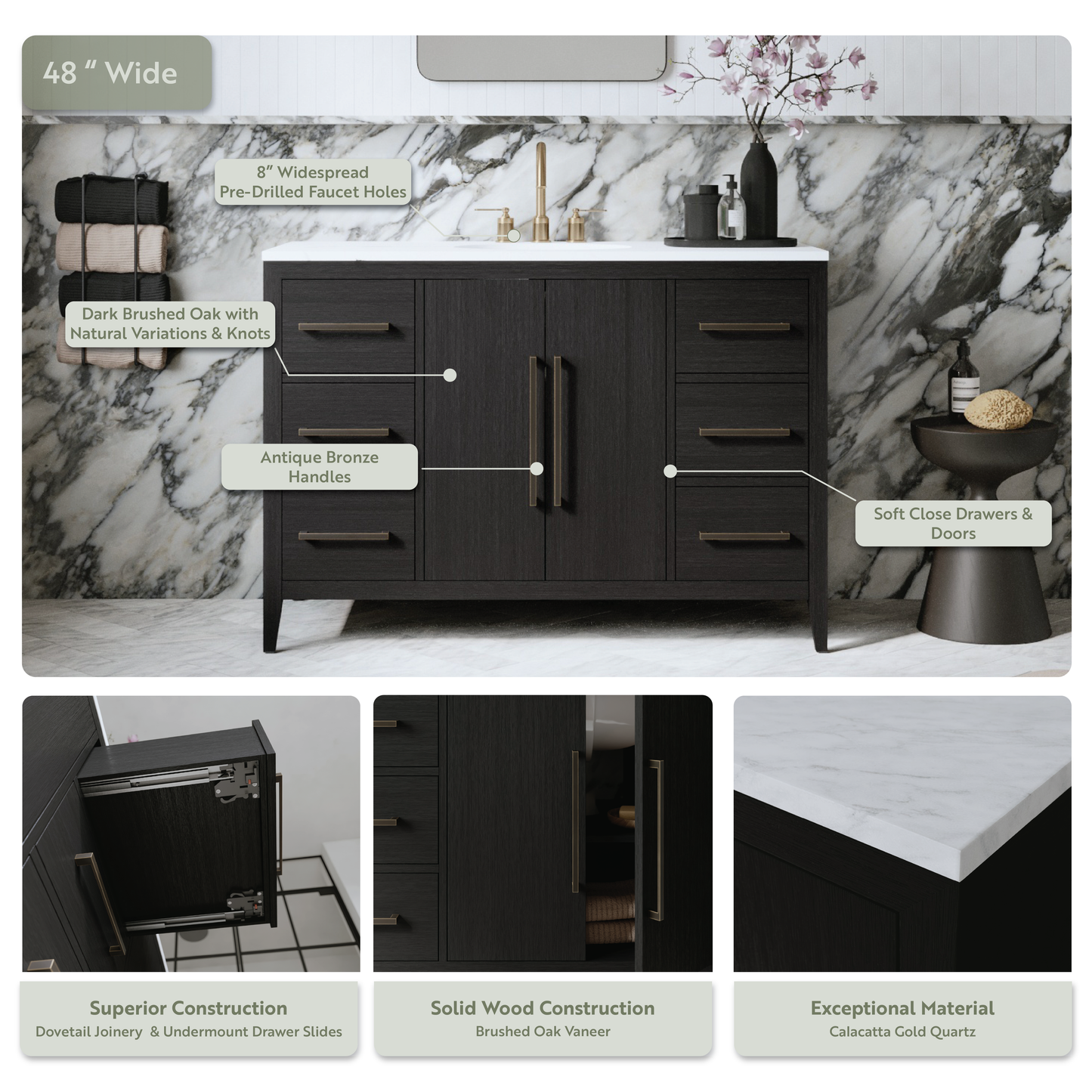 Bergen 48" Single Bathroom Vanity in Dark Weathered Oak | Calacatta Gold Quartz Countertop