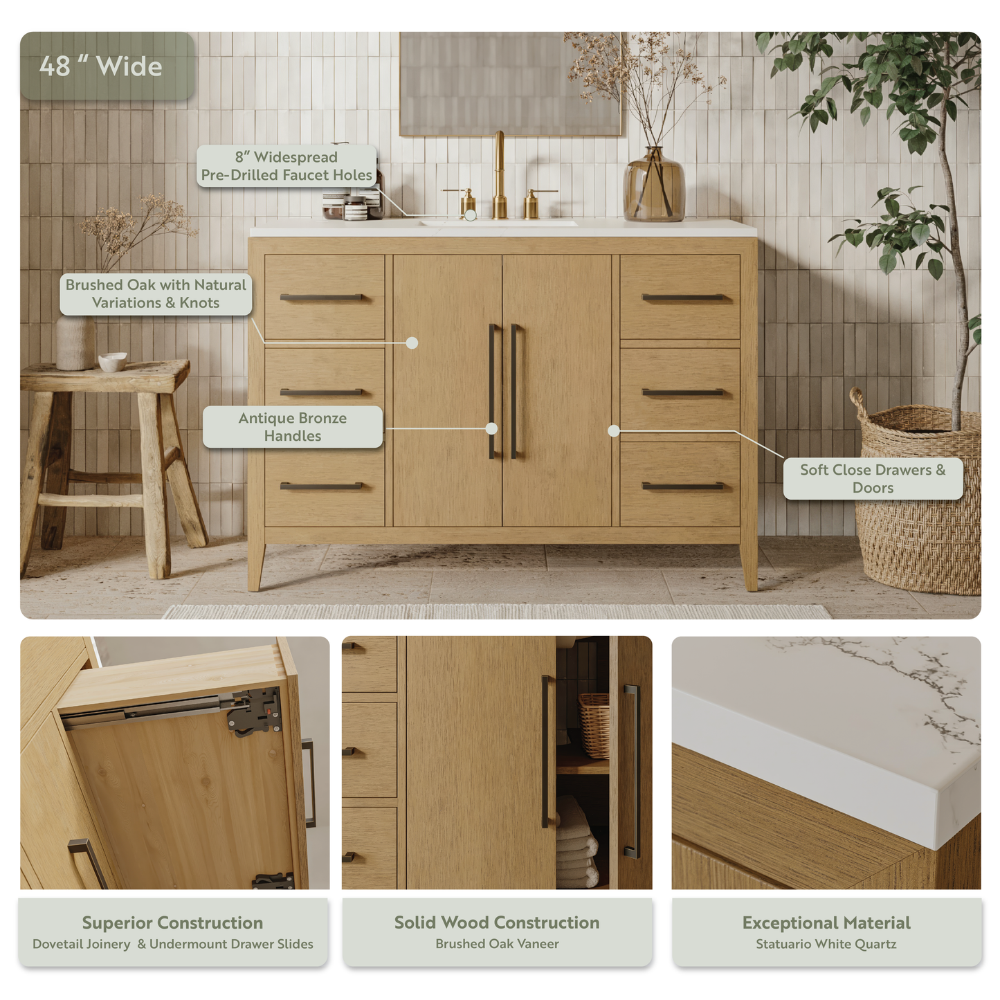 Bergen 48" Single Bathroom Vanity in Wire Brushed Oak | White Statuario Quartz Countertop