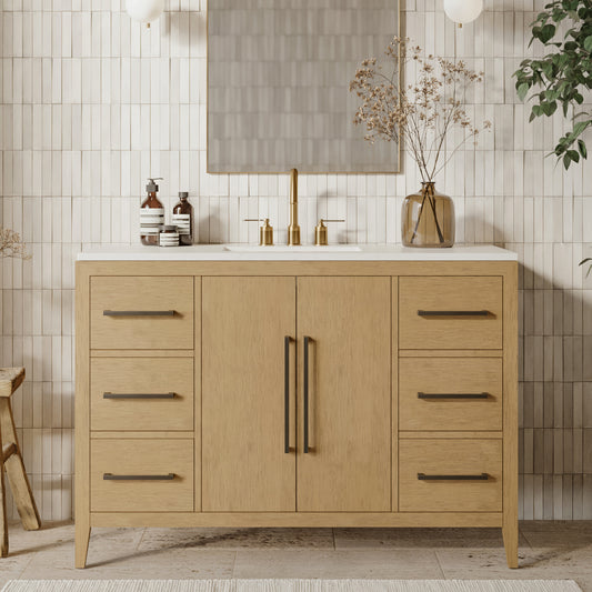 Bergen 48" Single Bathroom Vanity in Wire Brushed Oak | White Statuario Quartz Countertop