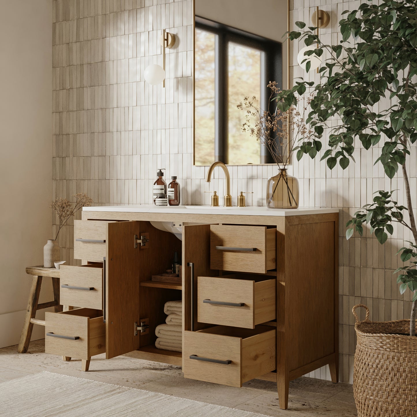 Bergen 48" Single Bathroom Vanity in Wire Brushed Oak | White Statuario Quartz Countertop