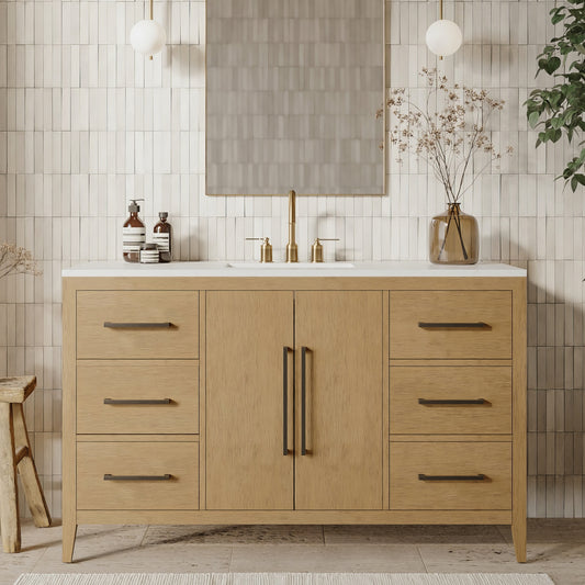 Bergen 54" Single Bathroom Vanity in Wire Brushed Oak | White Statuario Quartz Countertop