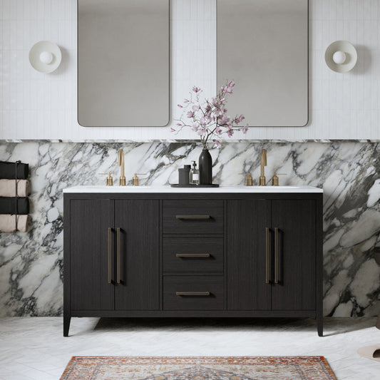 Bergen 60'' Double Bathroom Vanity in Dark Weathered Oak | Calacatta Gold Quartz Countertop