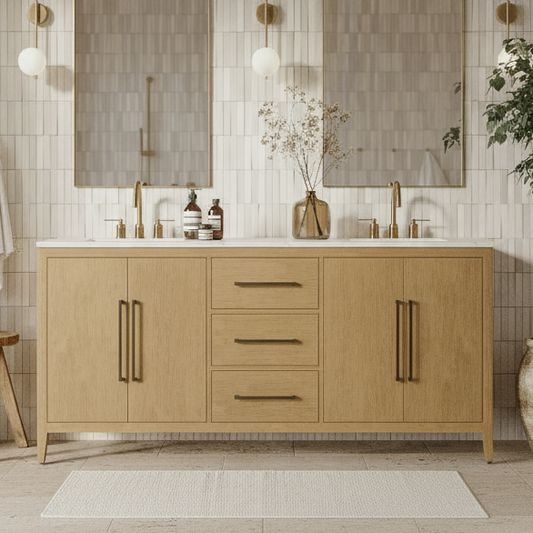 Bergen 72" Double Bathroom Vanity in Wire Brushed Oak | White Statuario Quartz Countertop