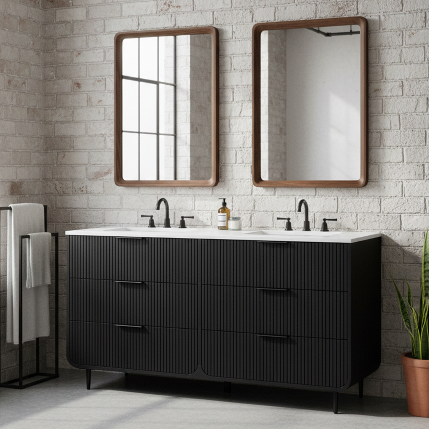 Bern 60" Reeded Black Oak Double Sink Bathroom Vanity | Engineered Marble Countertop