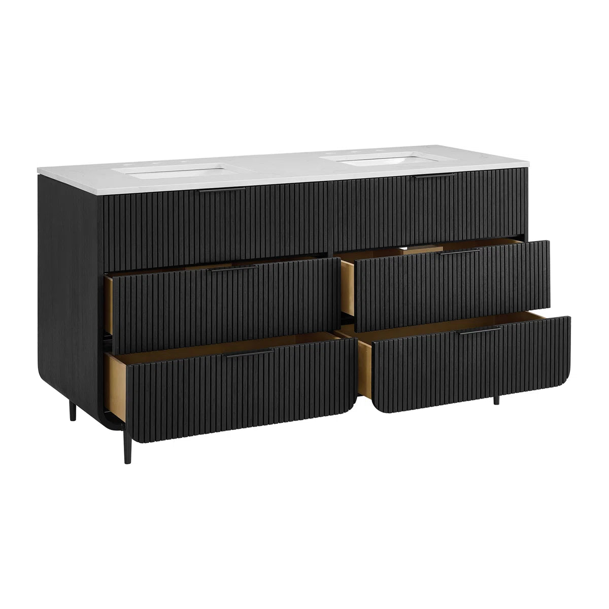 Bern 60" Reeded Black Oak Double Sink Bathroom Vanity | Engineered Marble Countertop