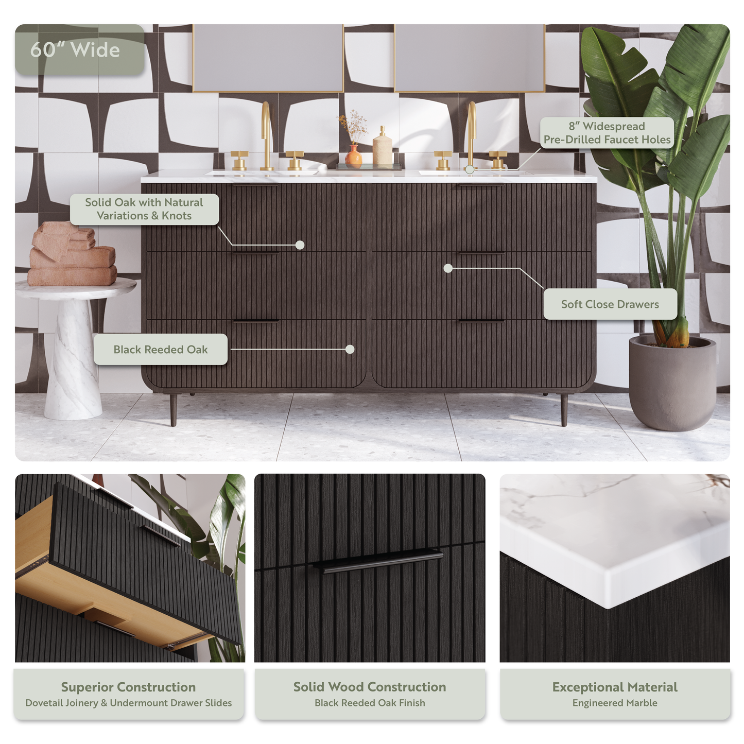 Bern 60" Reeded Black Oak Double Sink Bathroom Vanity | Engineered Marble Countertop