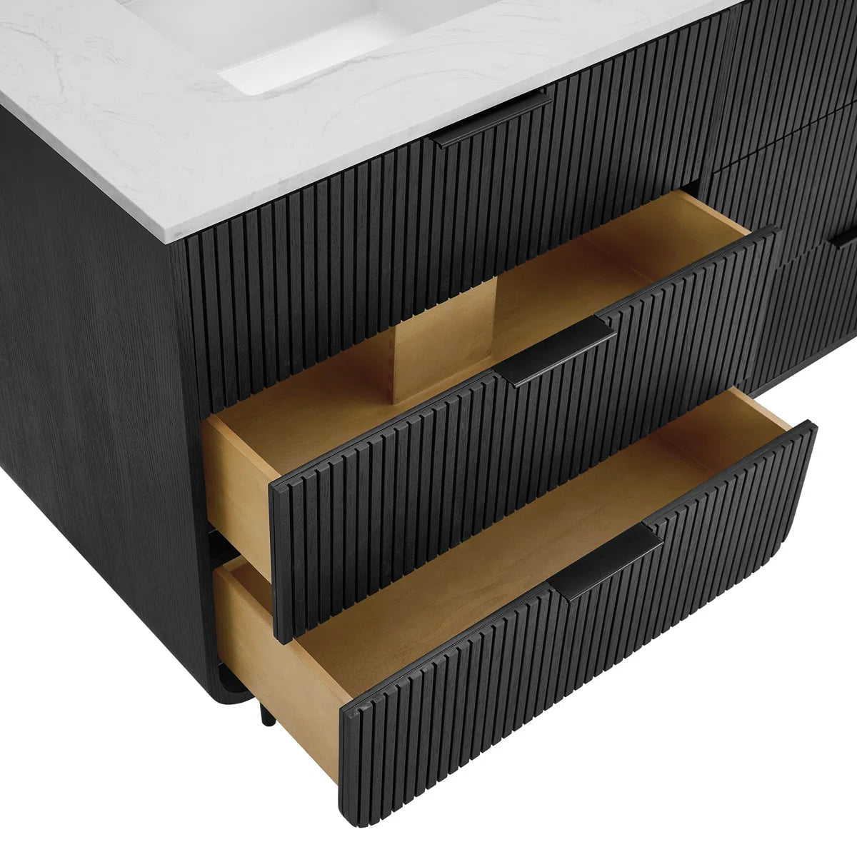 Bern 60" Reeded Black Oak Double Sink Bathroom Vanity | Engineered Marble Countertop