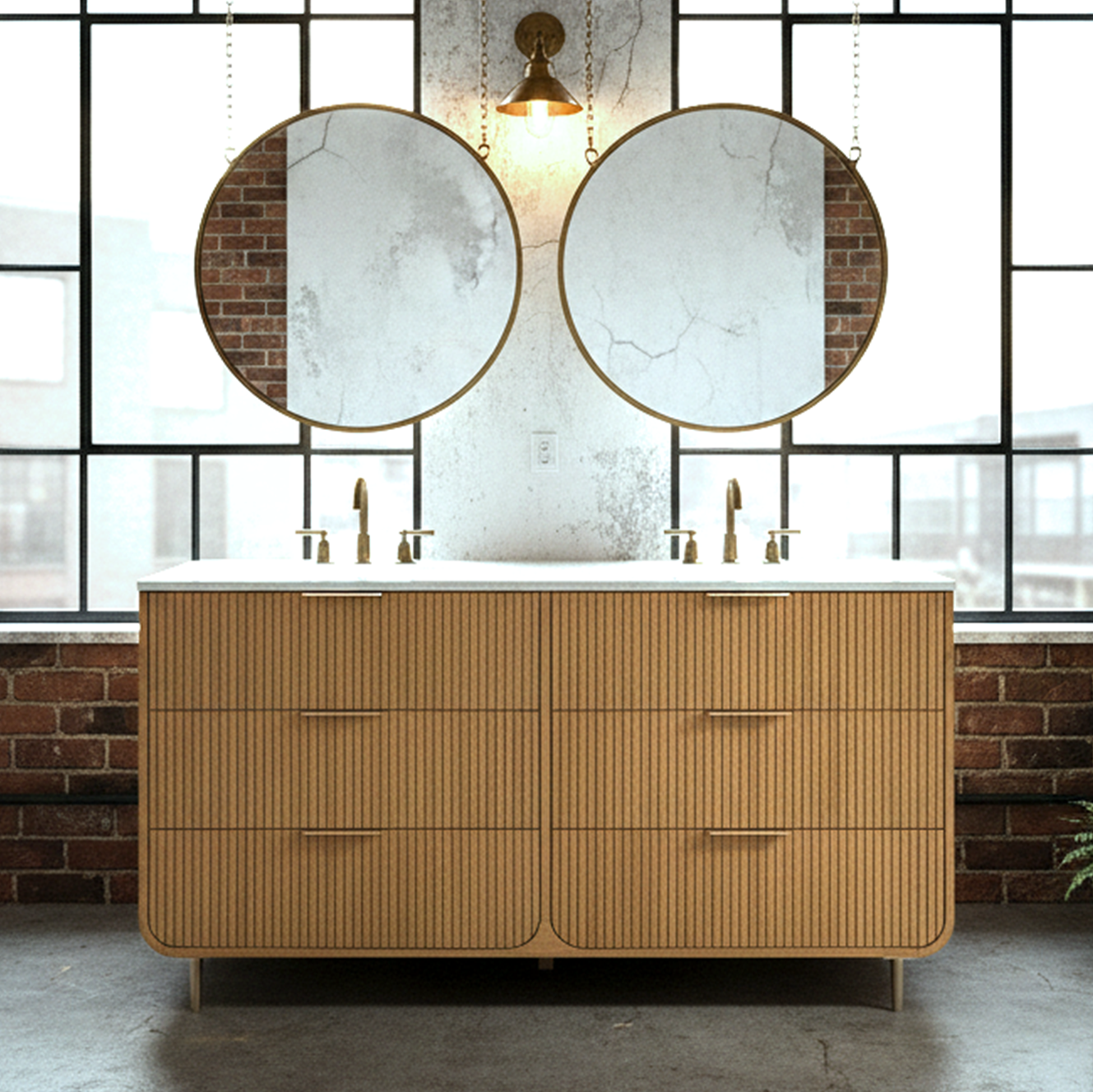 Bern 60" Reeded Oak Double Sink Bathroom Vanity | Engineered Marble Countertop