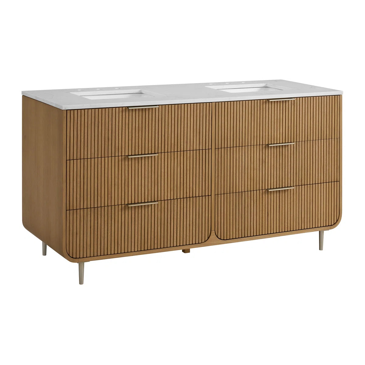 Bern 60" Reeded Oak Double Sink Bathroom Vanity | Engineered Marble Countertop