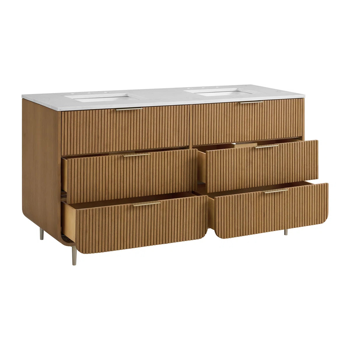 Bern 60" Reeded Oak Double Sink Bathroom Vanity | Engineered Marble Countertop