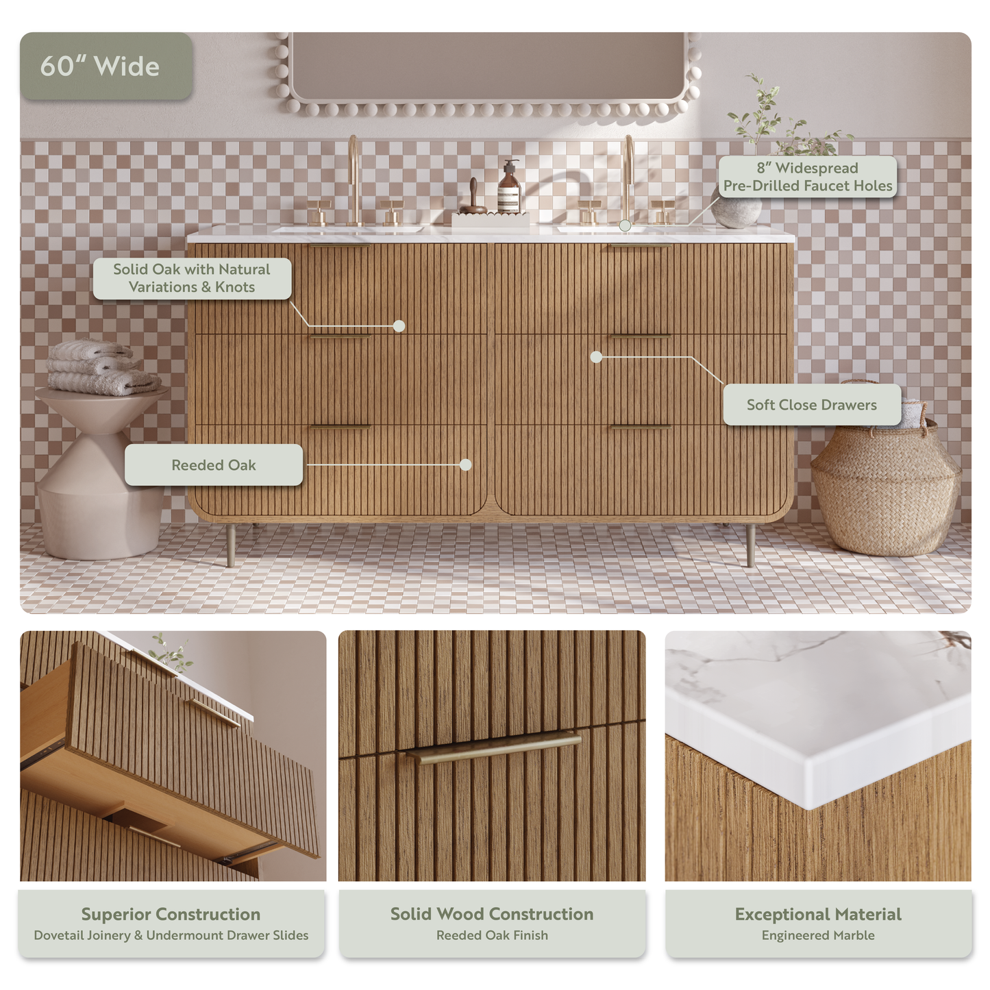 Bern 60" Reeded Oak Double Sink Bathroom Vanity | Engineered Marble Countertop