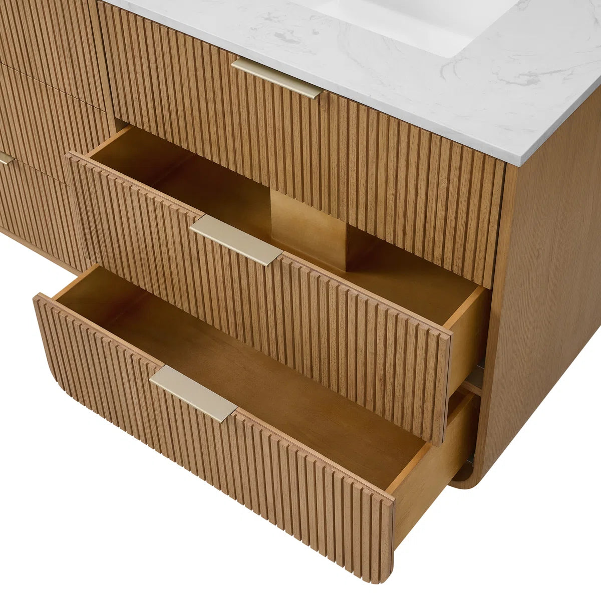 Bern 60" Reeded Oak Double Sink Bathroom Vanity | Engineered Marble Countertop