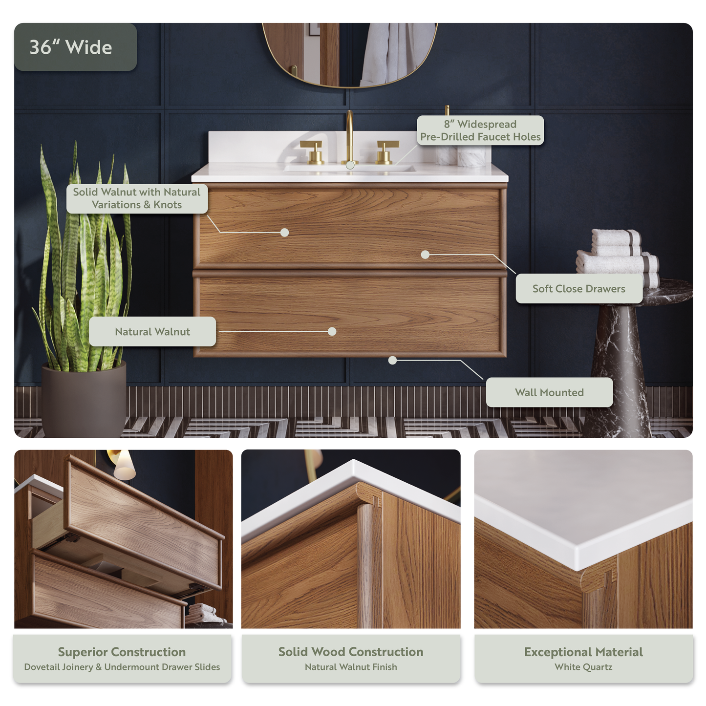 Cooper 36" Single Sink Floating Bathroom Vanity in Natural Walnut | White Quartz Countertop