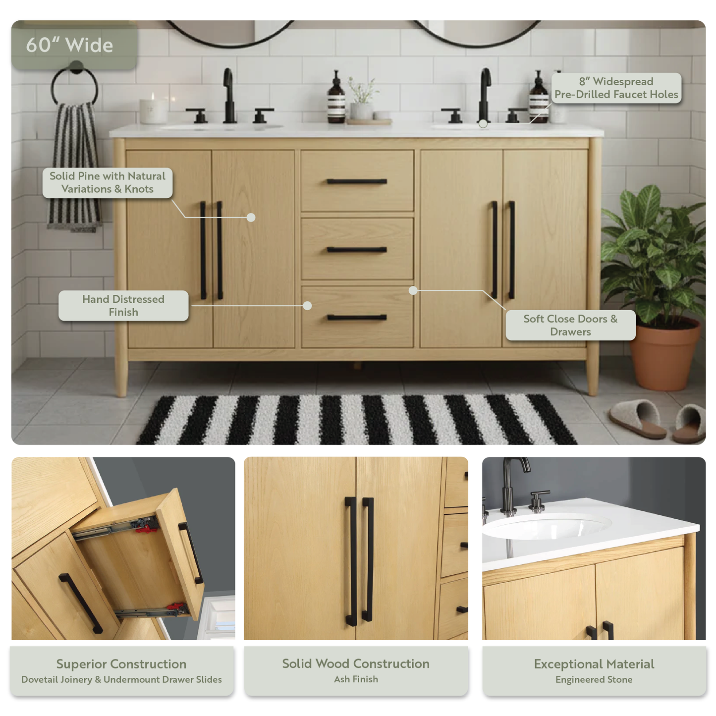 Copenhagen 60" Double Bathroom Vanity in Natural Ash | Engineered Stone Countertop