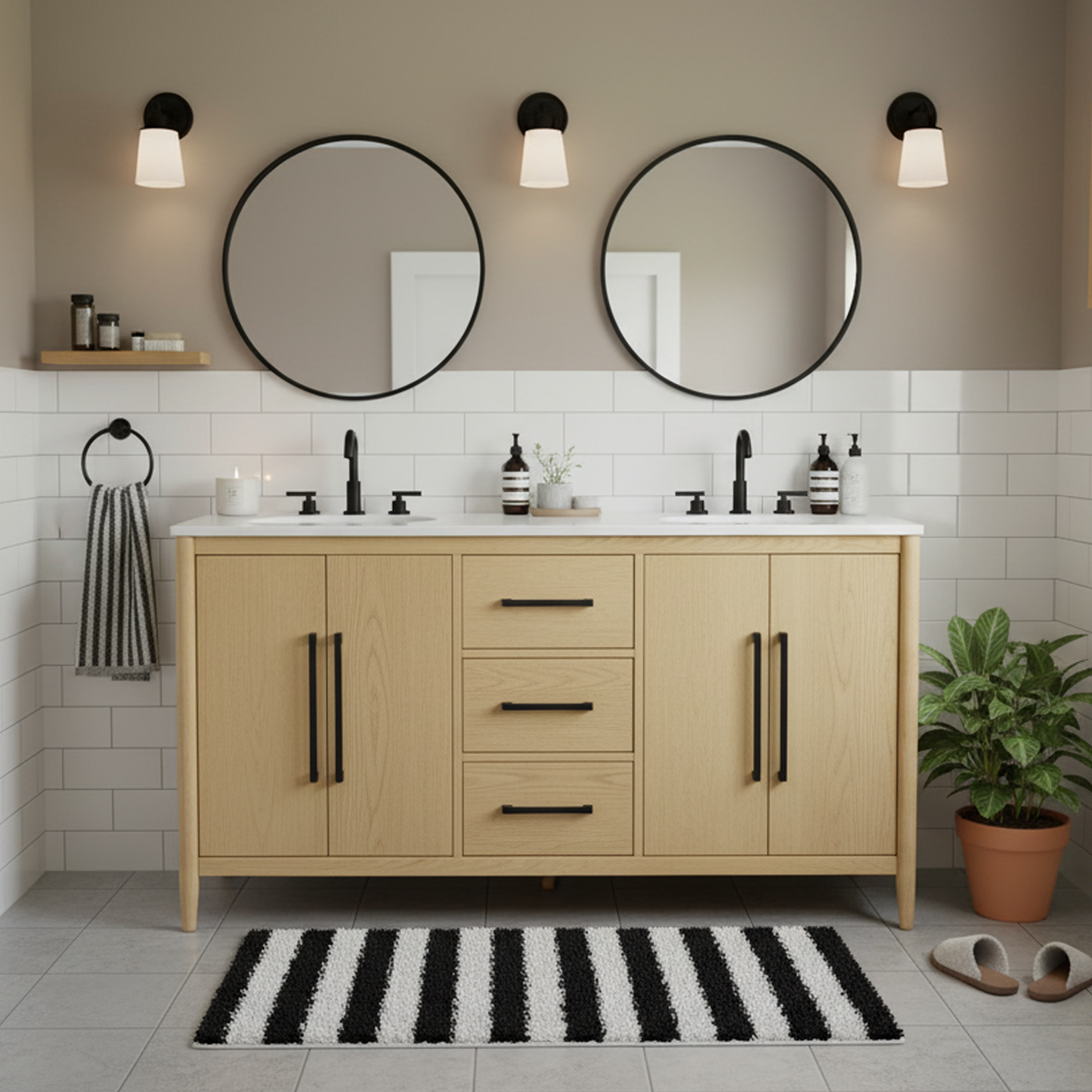 Copenhagen 60" Double Bathroom Vanity in Natural Ash | Engineered Stone Countertop