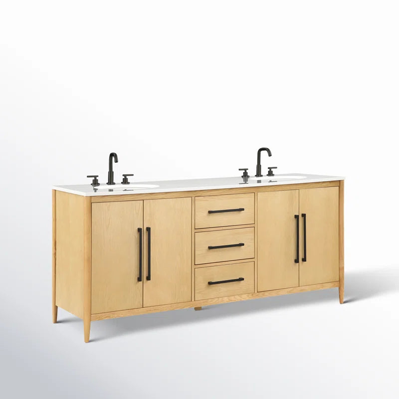 Copenhagen 72" Double Bathroom Vanity in Natural Ash | Engineered Stone Countertop