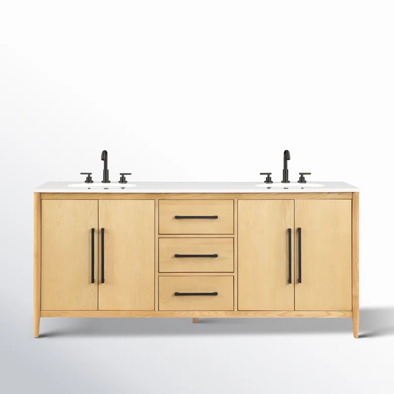 Copenhagen 72" Double Bathroom Vanity in Natural Ash | Engineered Stone Countertop