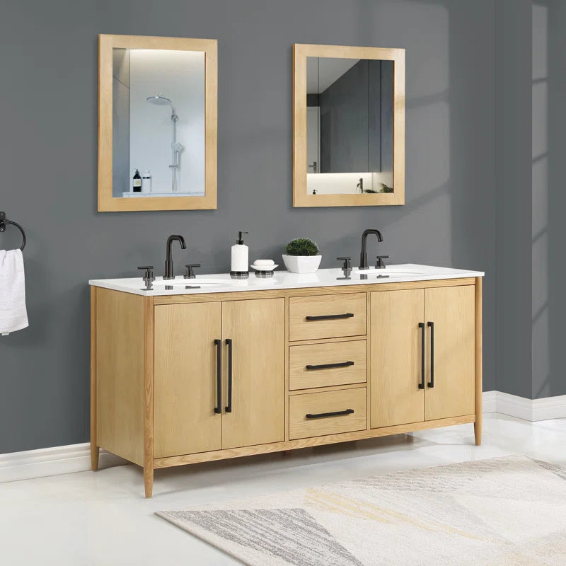 Copenhagen 72" Double Bathroom Vanity in Natural Ash | Engineered Stone Countertop