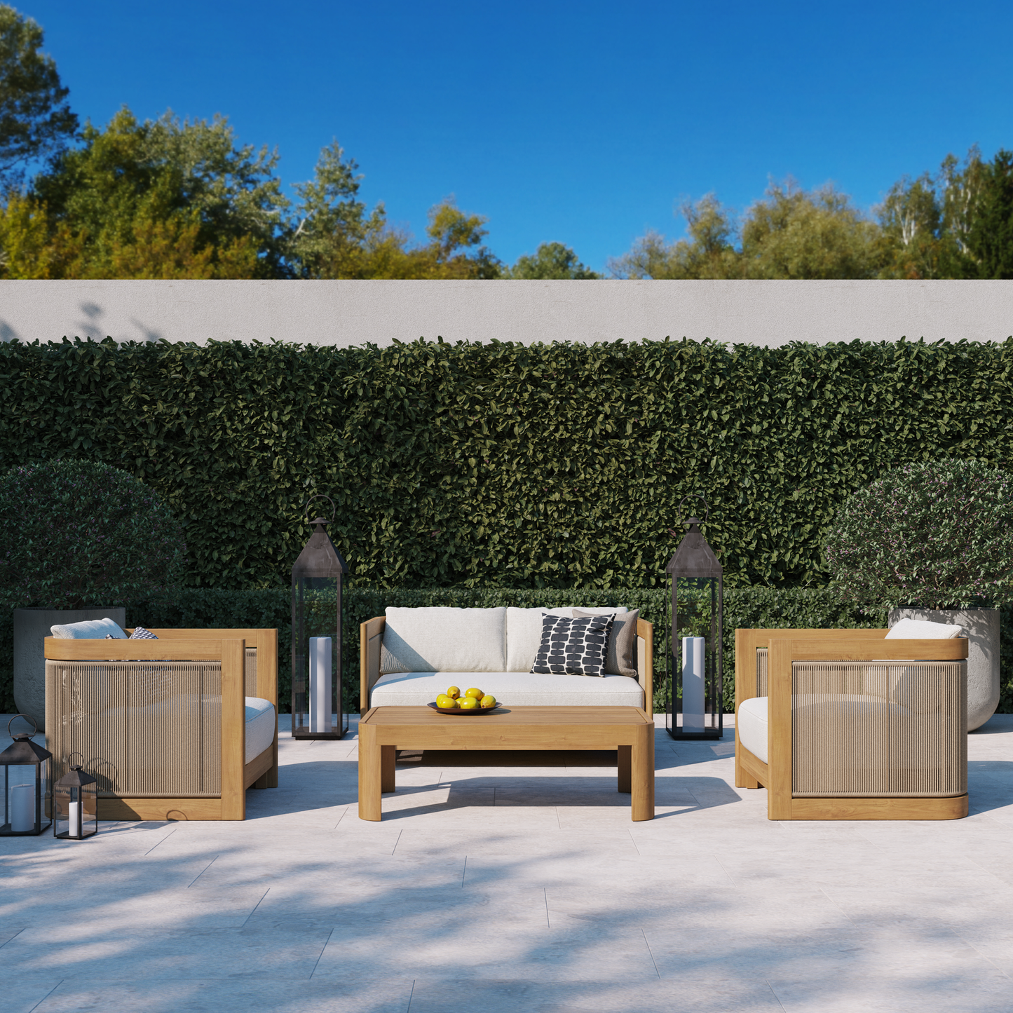 Cordelia outdoor furniture set — rope sofa, lounge chair and coffee table in washed eucalyptus — Highbury