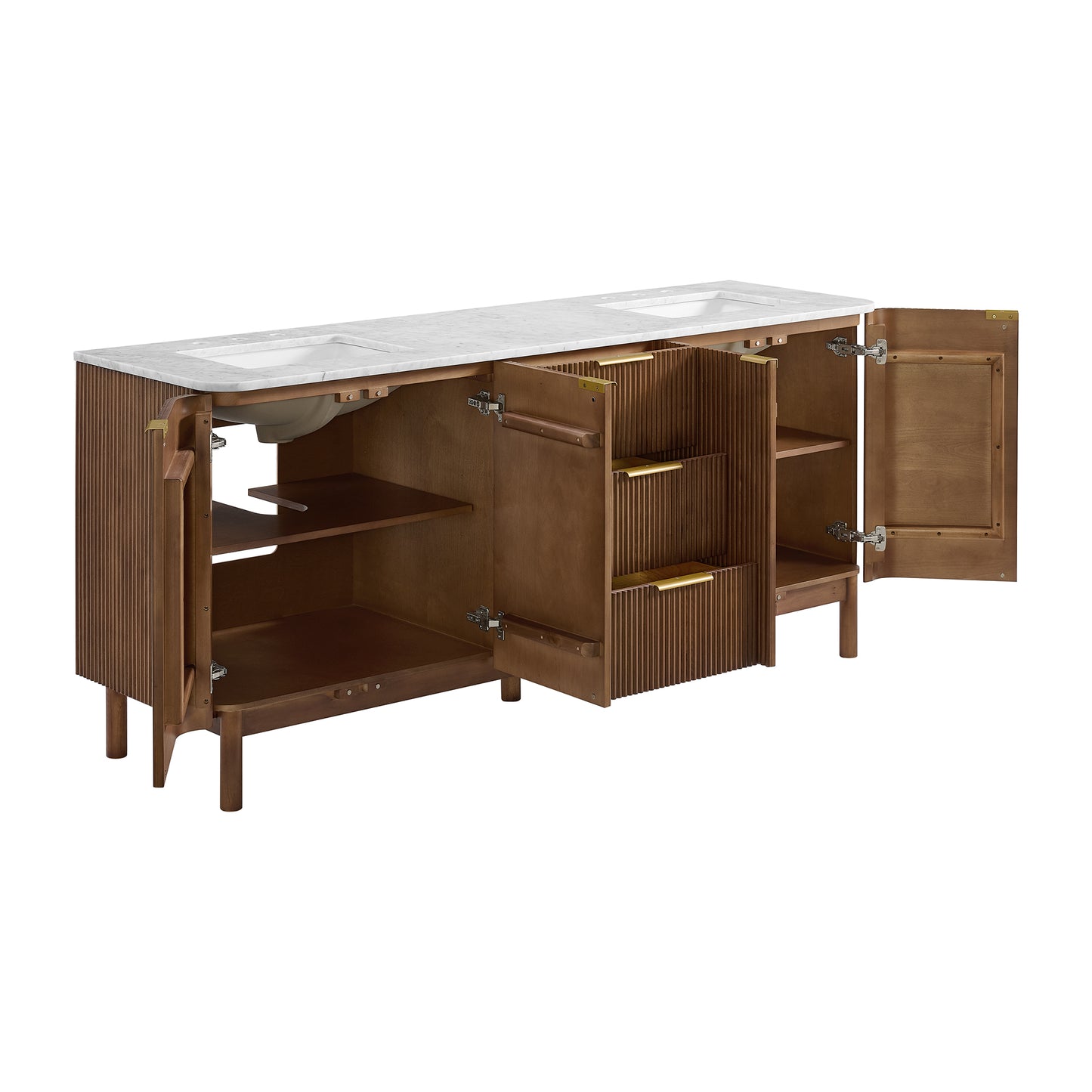 Havana 78" Double Bathroom Vanity in Brown Reeded Birch | Carrara Marble Countertop