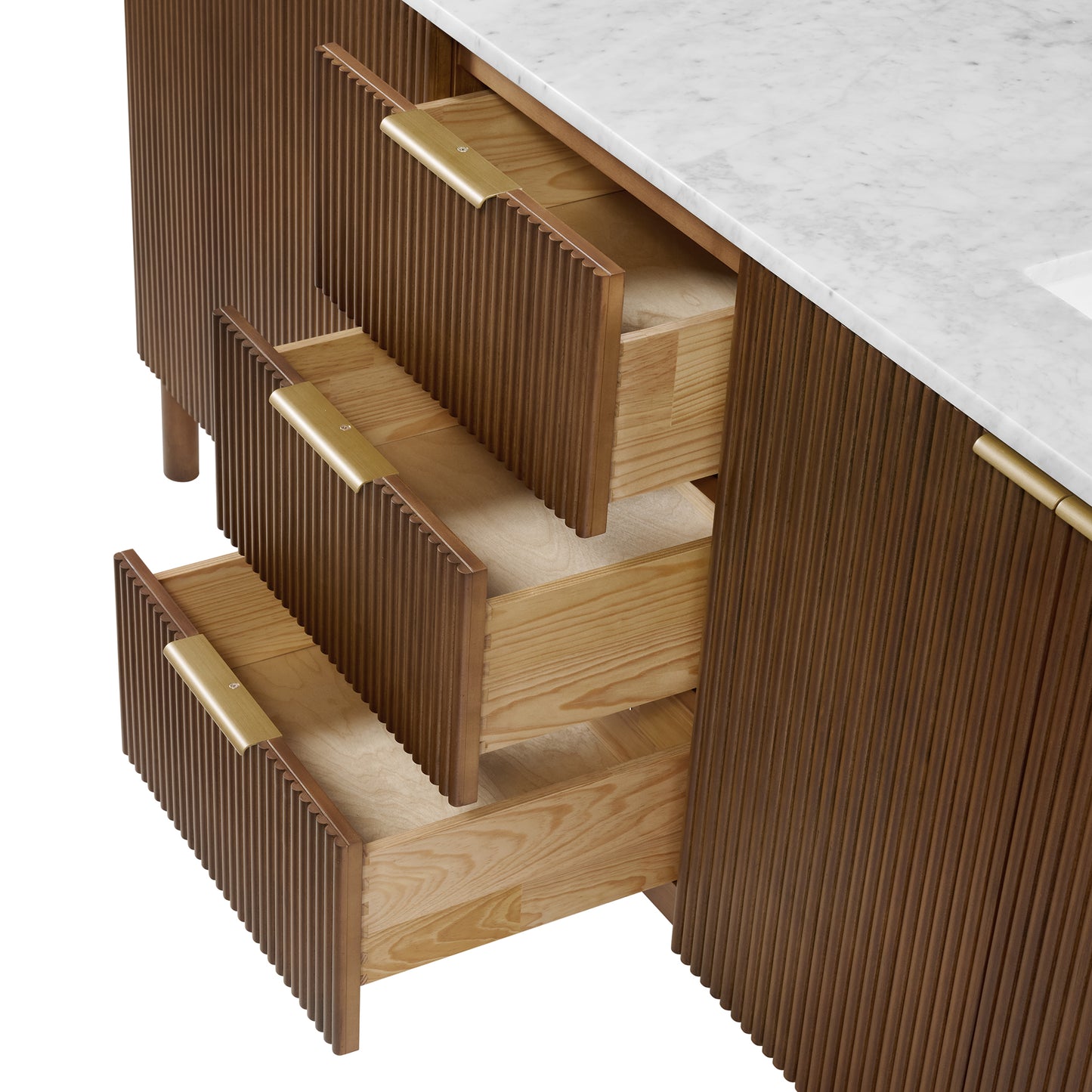 Havana 78" Double Bathroom Vanity in Brown Reeded Birch | Carrara Marble Countertop