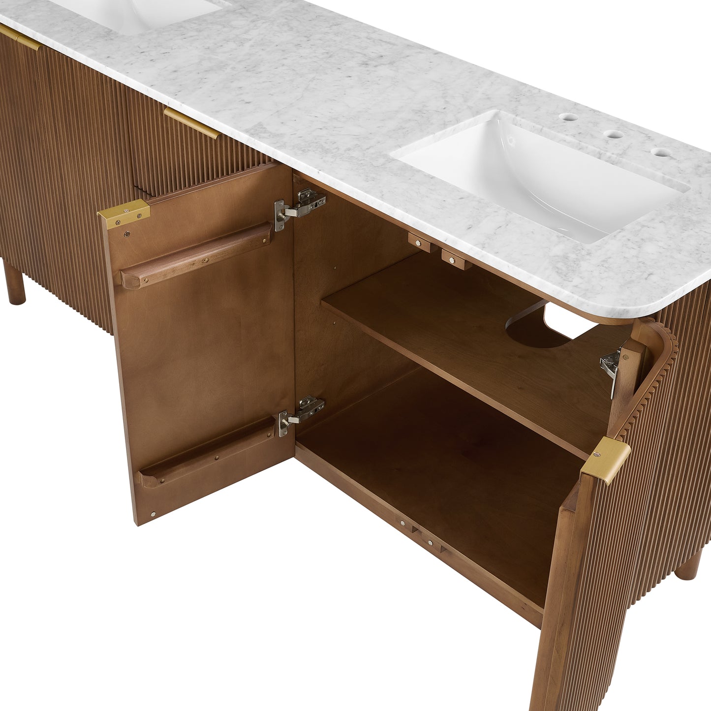 Havana 78" Double Bathroom Vanity in Brown Reeded Birch | Carrara Marble Countertop