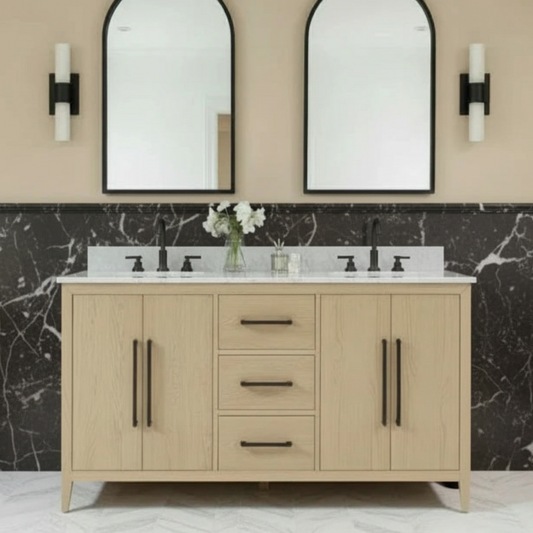 Bergen 60" Double Bathroom Vanity in Wire Brushed Oak | Carrara Marble Countertop
