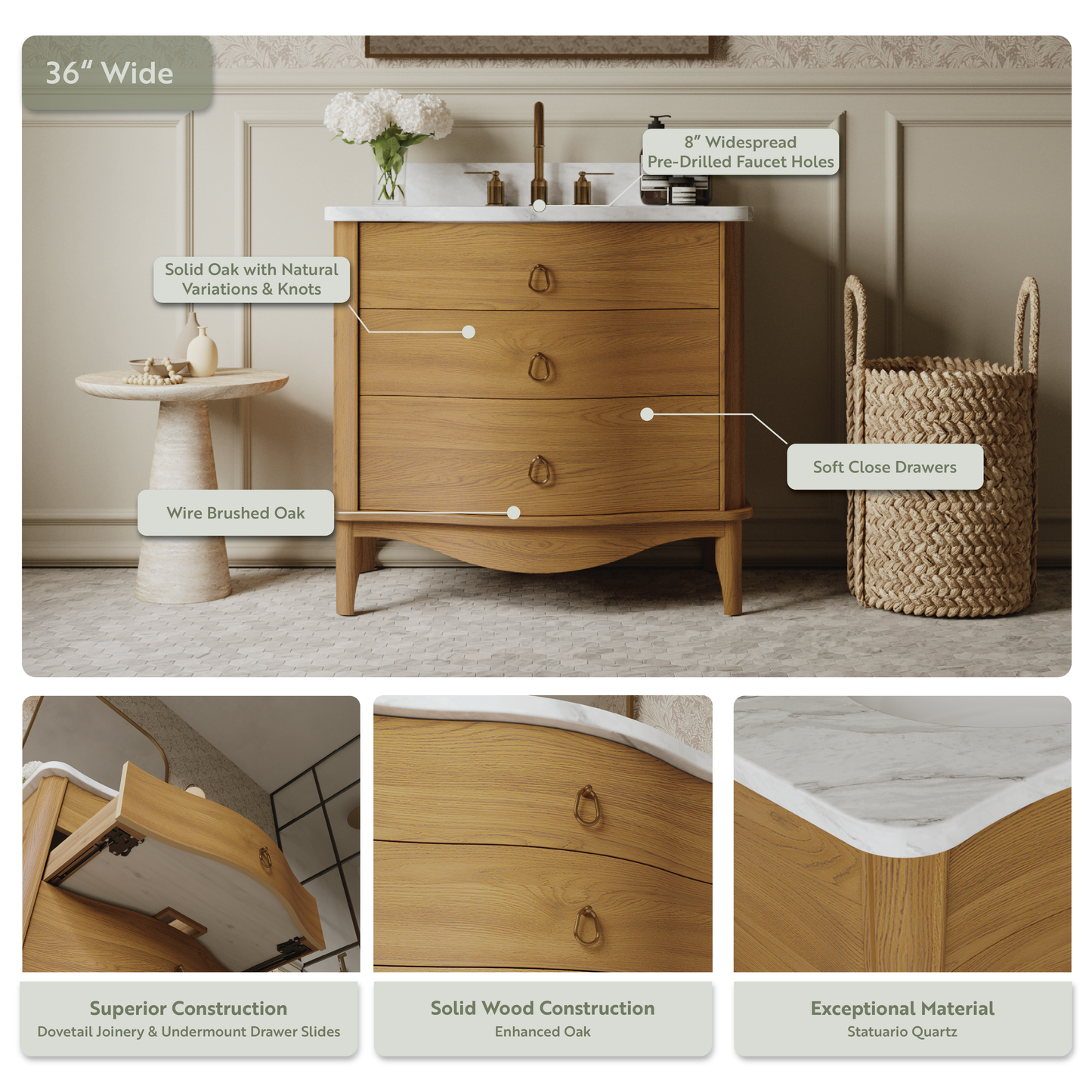 Grace 36" Single Bathroom Vanity | Statuario Quartz Countertop