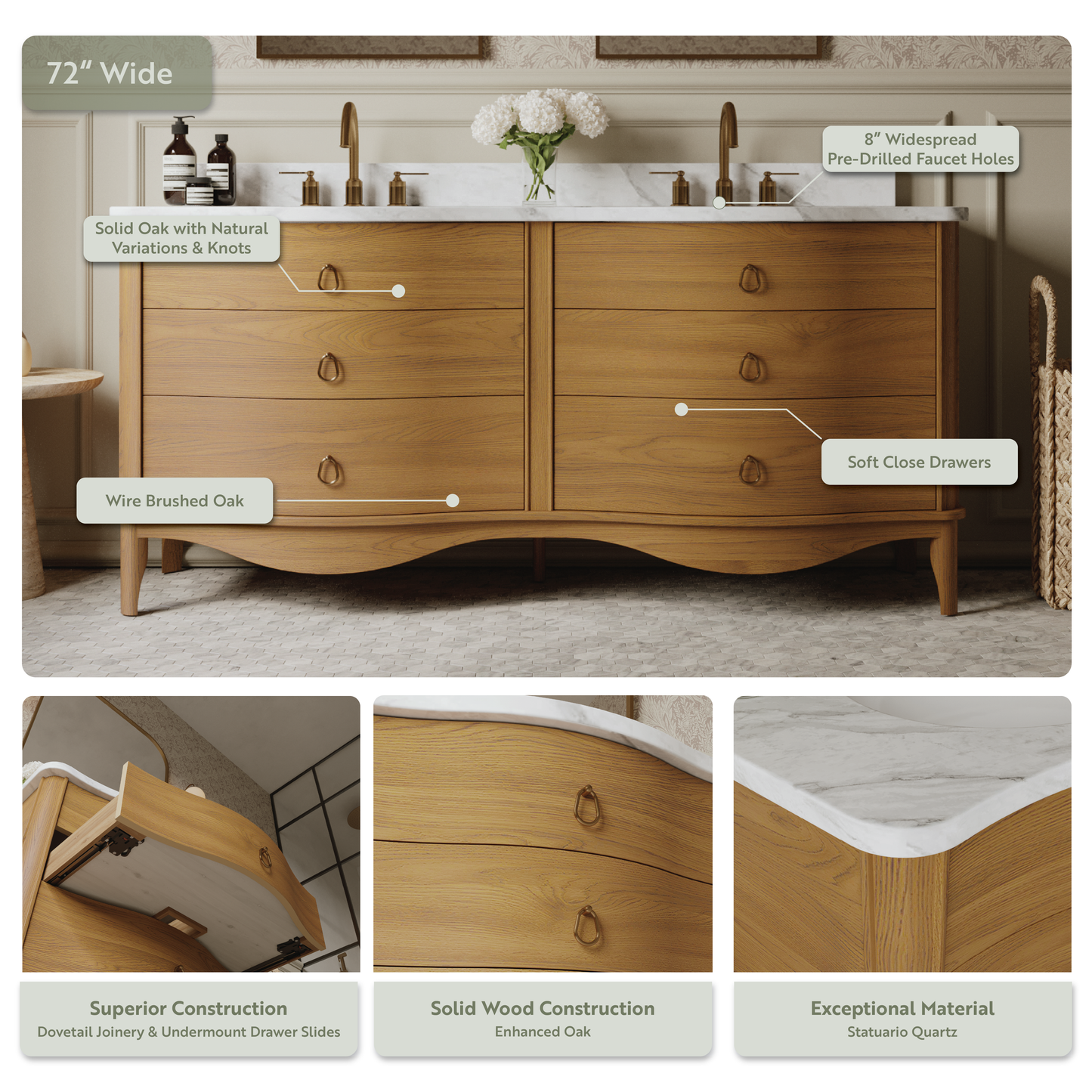 Grace 72" Double Bathroom Vanity | Statuario Quartz Countertop