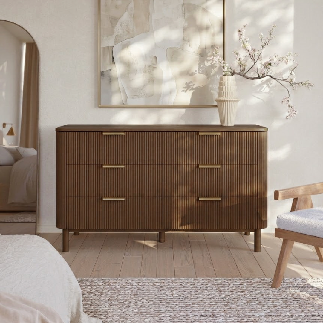 Havana 60" 6 Drawer Dresser |  Brown Reeded Birch