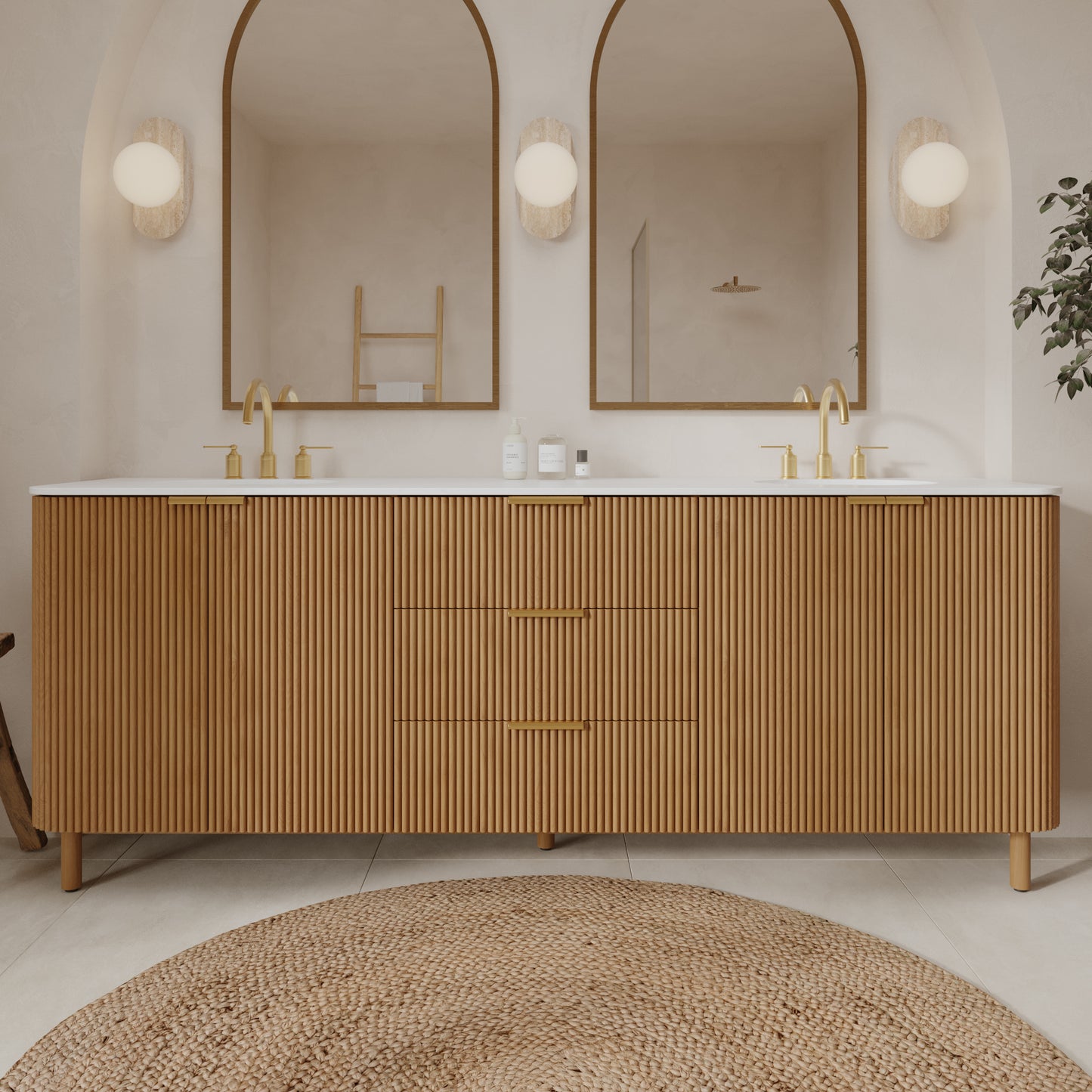 Havana 84" Double Bathroom Vanity in Reeded Birch  | White Quartz Countertop