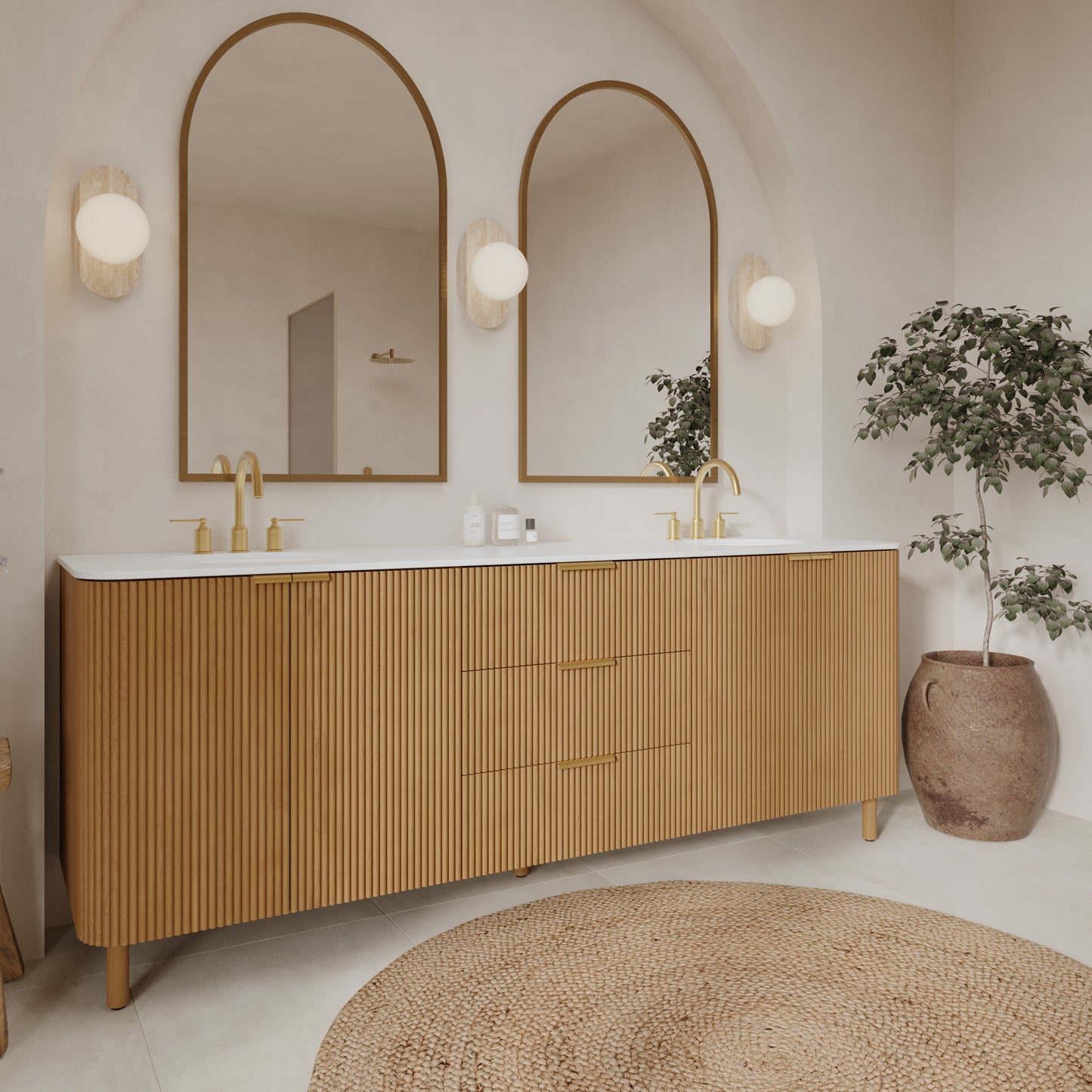 Havana 84" Double Bathroom Vanity in Reeded Birch  | White Quartz Countertop