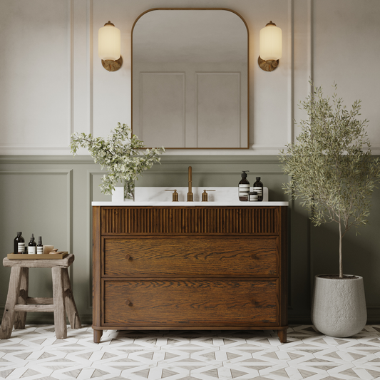 Kathryne 48" Bathroom Vanity in Enhanced Brown Oak | Statuario Quartz