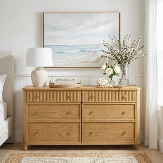 Kathryne 64" Wide Solid Wood 6-Drawer Double Dresser In Natural Oak