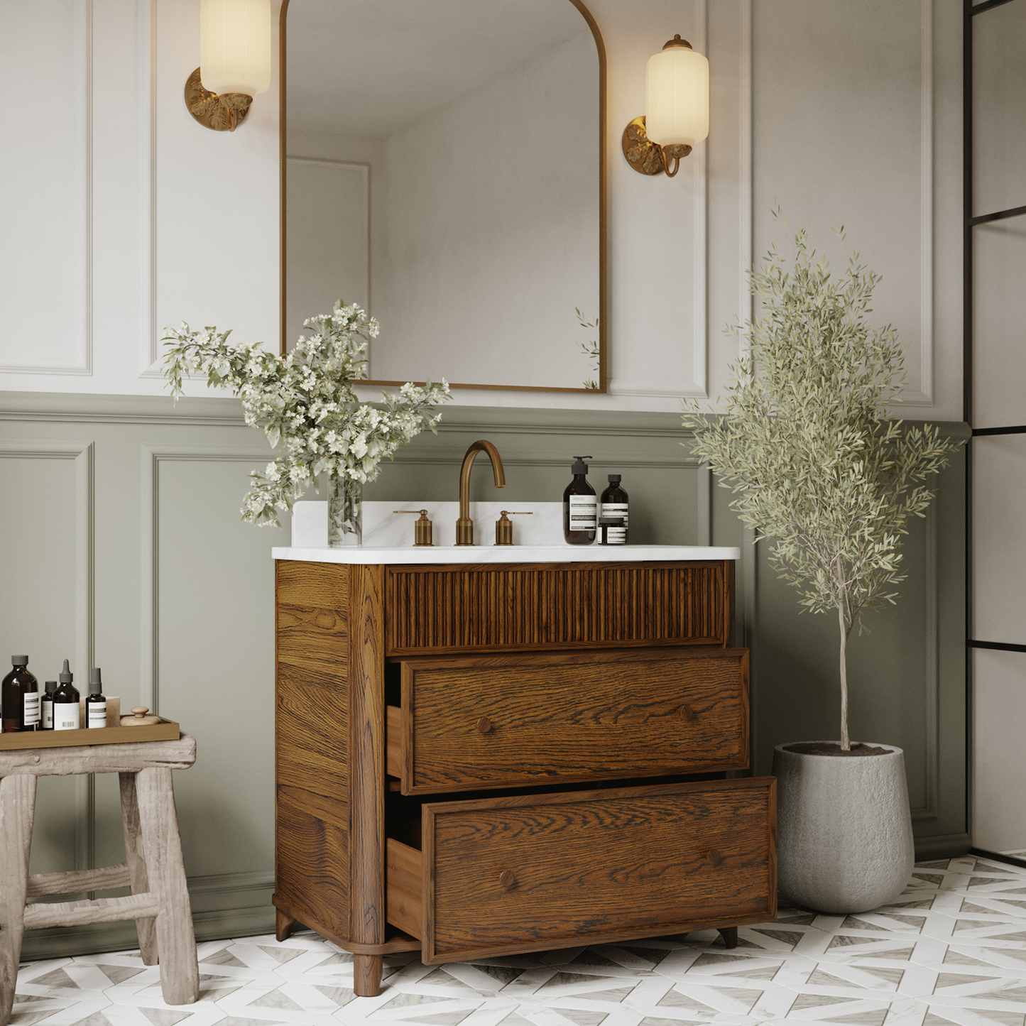 Kathryne 36" Single Bathroom Vanity in Enhanced Brown Oak | Statuario Quartz Countertop