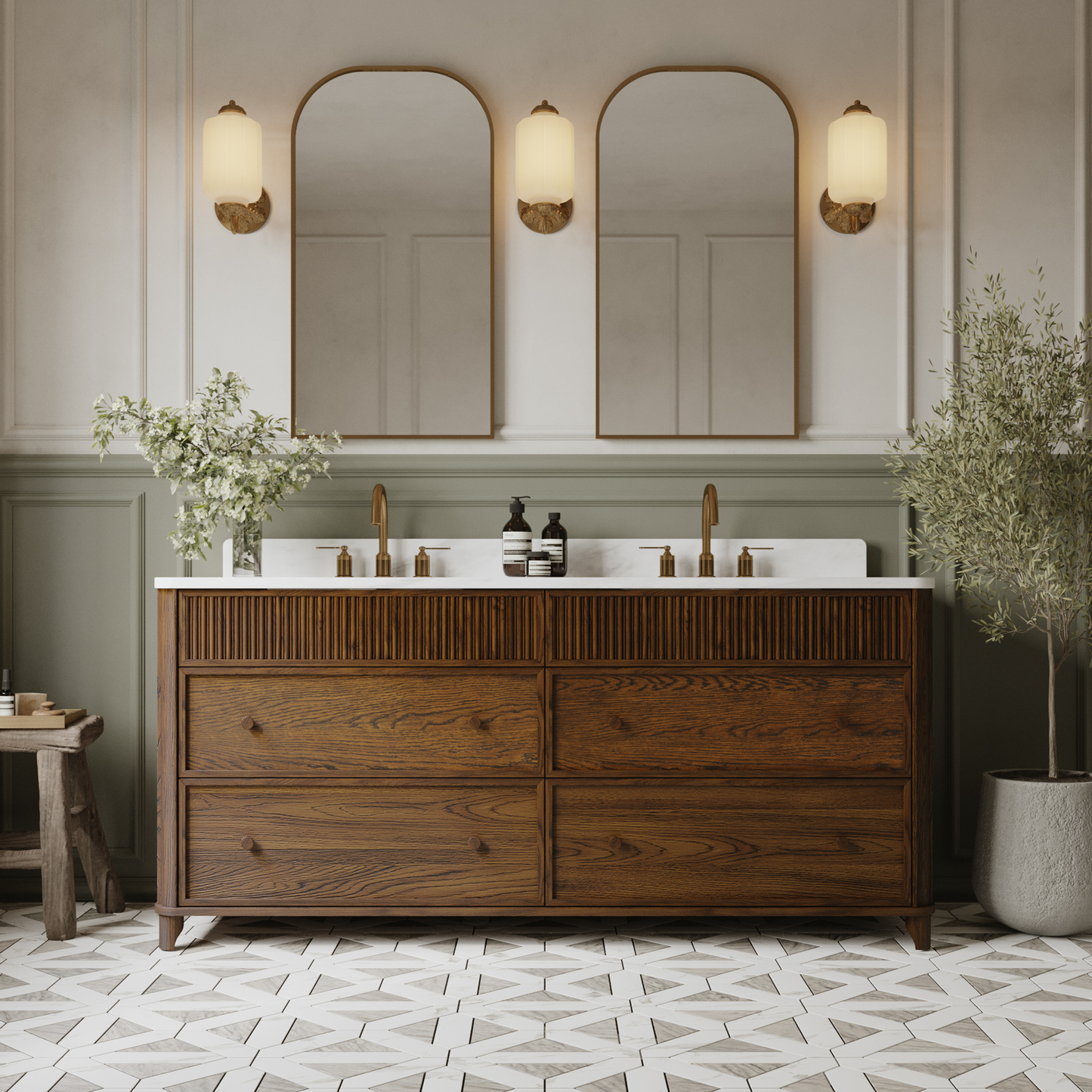 Kathryne 72" Double Bathroom Vanity in Enhaced Brown Oak | Statuario Quartz Countertop