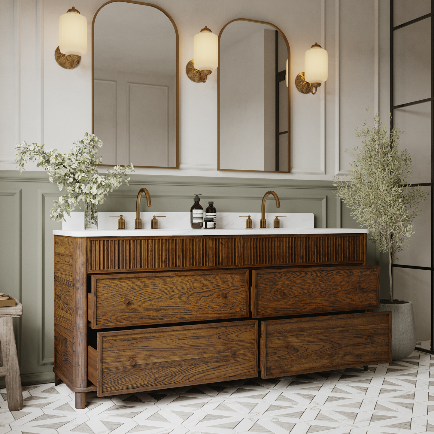 Kathryne 72" Double Bathroom Vanity in Enhaced Brown Oak | Statuario Quartz Countertop